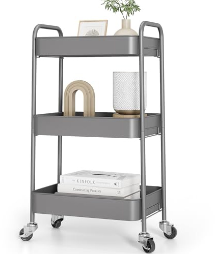 KINGRACK 3 Tier Metal Storage Trolley on Wheels, Beauty Book Craft Tea Art Trolley for Home Bathroom Kitchen Laundry, No screws needed Easy Rolling Utility Cart Mobile Storage Shelving Organizer