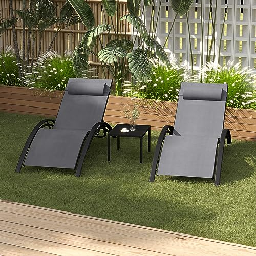PURPLE LEAF 2-er Set Sonnenliege, Aluminium Gartenliege mit Beistelltisch und Kopfkissen, Wetterfest, 4-Fach Verstellbar, Stapelbar,150 KG Belastung, Diverse Farben, Grau