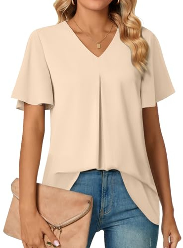 Anyally Women's Summer Dressy Chiffon Blouses V Neck Ruffle Short Sleeve Tunic Tops for Leggings Casual T-Shirts, M Khaki