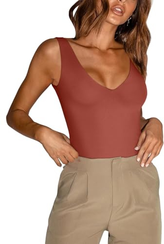 REORIA Womens Bodysuit Deep V Neck Backless Sexy Going Out Tops Red XXL