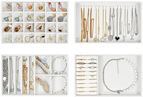 ProCase Jewellery Tray Organiser, Jewellery Drawer Organiser Velvet Stackable Jewellery Storage Tray for Drawer Jewellery Display for Earring Necklace Ring Bracelet -4 Layers, White