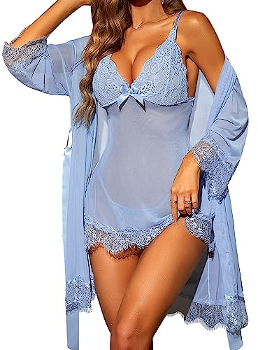 RSLOVE - Picardí sexy para mujer, conjunto de lencería de 3 piezas, vestido de noche, babydoll con tanga, conjunto de lencería de encaje femenino, azul, M