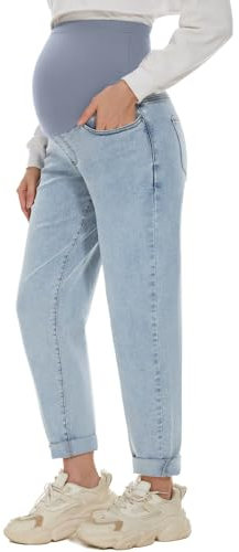POSHGLAM Damen Umstandsjeans über Bauch Bequeme Stretch Boyfriend Jeans Denim Schwangerschaftshose S-XXL, Hell, blau, M