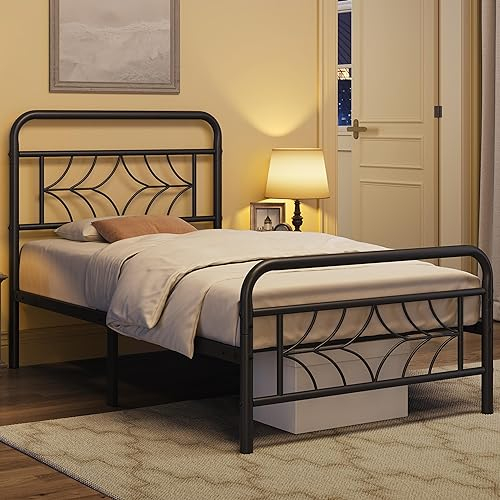 Yaheetech Bettrahmen mit Hohem Kopfteil & Fußteil, 90 x 200 cm Metallbett Einzelbett Bettgestell mit Lattenrost & Stauraum unter dem Bett, Jugendbett Rubuste Bettstellen für Schlafzimmer, Schwarz