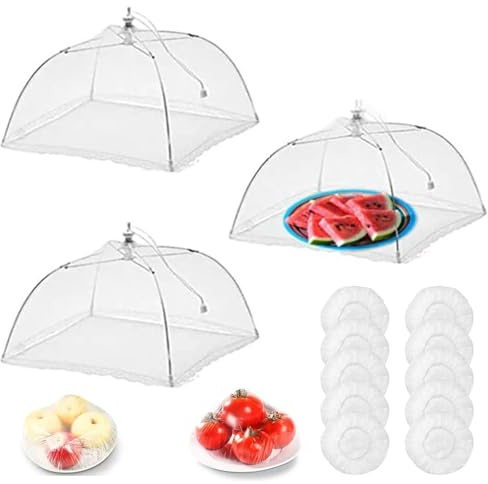 TMRBBesty 3 Stück Abdeckhauben für Lebensmittel,Mesh-Material Fliegenhaube,Faltbare Kuchenabdeckung,Abdeckhaube für Essen,Kuchenabdeckung Fliegenschirm,Mit 10 Frischhaltefolie,für Essen, Obst, BBQ