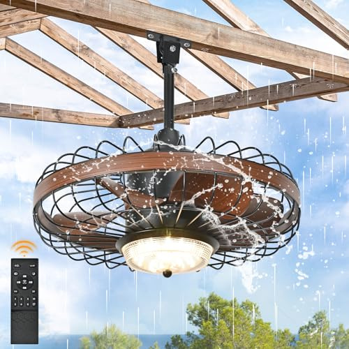 21IN Gazebo Fan Waterproof Outdoor Ceiling Fan with Light for Patio Hanging Fan with Plug In Cord for Outside Wet Rated Caged Canopy Fan Remote Control Farmhouse Outdoor Ceiling Fan for Pergola Porch