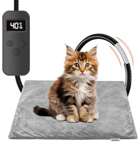 Asstikoo Haustier Heizkissen für Katzen Hunde, einstellbare Hund Heizkissen mit 12 Stufen Timer und 30-55℃ Temperatur, Haustier Heizdecke Electric Pet Heizmatte (M - 45 * 45cm)