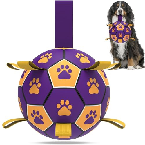 HETOO Hundboll hundleksak boll med handtag för hund interaktiv bogsering av krig vatten hundbollar leksak födelsedagspresent för medel/stora hundar (20 cm lila gul)