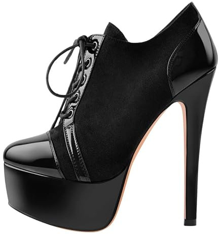 blingqueen Women's Lace Up Platform Ankle Boots Patchwork Faux Suede Patent Leather Low Top Short Boots Round Closed Toe Stiletto High Heels Side Zipper Sexy Heel for Women Black Boots Size 6