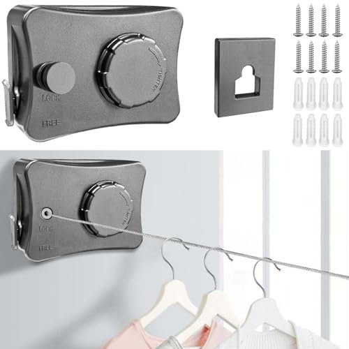 WwuHua Wäscheleine Ausziehbar, 5M Wäscheleine Extra Stark, Wäscheleine Wand mit Zwei Befestigungsmöglichkeiten, Retractable Clothesline für Drinnen und Draußenmit, Tragfähigkeit von 20 kg, Grau