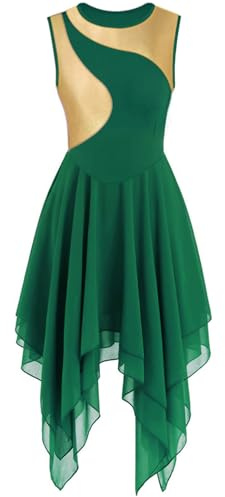 ELLYDOOR Praise Dance Tunic Dancewear for Women Sleeveless Color Block Irregular Flowy Hem Liturgical Worship Lyrical Dance Dress Green, Tag M