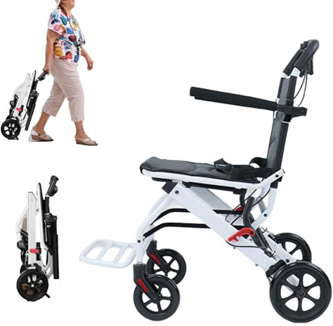 Lightweight Foldable Transport Wheelchair, Portable Transit Travel Chair for Adults, with Adjustable Safety Strap Carbon Steel Frame PU Wheels,Trolleys for Elderly Aircraft Travel, Smooth Rid