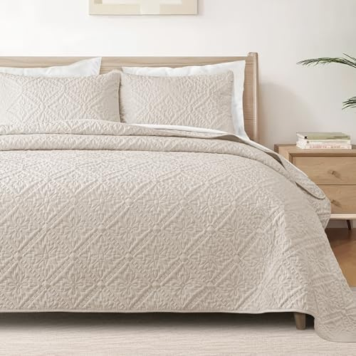 Exclusivo Mezcla King Quilt Bedding Set, Lightweight Soft Bedspreads Coverlets with 2 Pillow Shams, Modern Brich Beige Oversized Quilts King Size for All Seasons