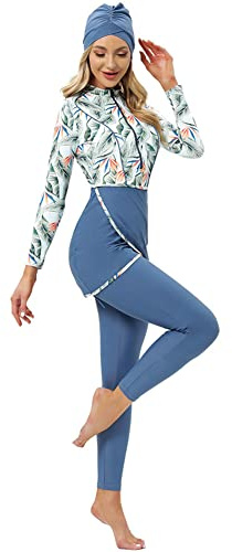 EFOGEP Muslim Swimming Costume Women 3PCS: Burkini Modest Swimwear Long Sleeve Floral Full Cover Swimsuit Built-in Bra Top+Hijab+Pants Islamic Arabic Bathing Suit Surfing Beachwear Blue & Leaf S