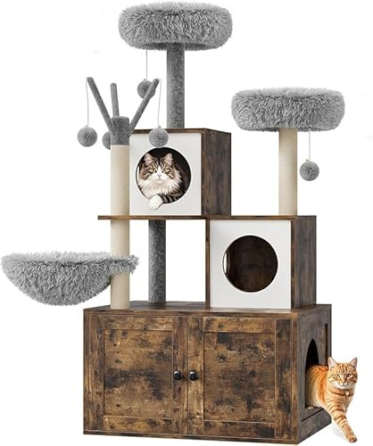 Kattträd med kattlådemöbel, 140 cm kattlådeskåp, kattkoja, lektorn, klösbräda med toaletthus, 2 stora plattformar, hängande bollar, brun