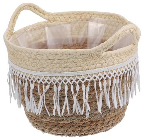 WEKAMOS Cesta Tejida para Plantas con Forro Decoración del Maceta Rústica Mediana Adecuado para Interiores y Exteriores Soporte De Flores Ligero y Compacto