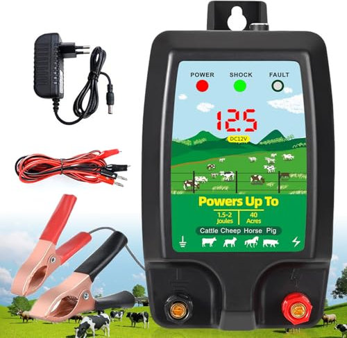 Sorlpv 12V Weidezaungerät 2J Output für 10 km, Elektrozaun Weidegerät mit LED Anzeige, Niedrige Impedanz Spitzenspannung 12kV für Geflügel, Vieh, Haustiere, Schaf