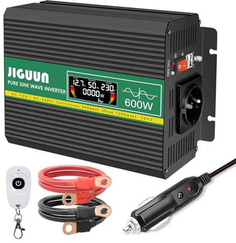 JIGUUN 600W Wechselrichter Reiner Sinus Spannungswandler 12v 230v Inverter Mit EU-Steckdose und 2 USB-Ausgängen 2,4A,Kabellose Fernbedienung und LCD-Anzeige Spitzenleistung 1200W
