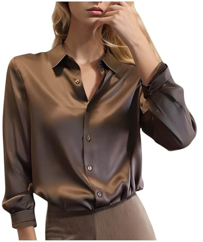 Camicia da donna Lovraj elegante a maniche lunghe in raso, con revers leggeri, da business, con bottoni, a maniche lunghe, sciolta, tinta unita, in seta, per il tempo libero, lavoro, ufficio, caffè, S