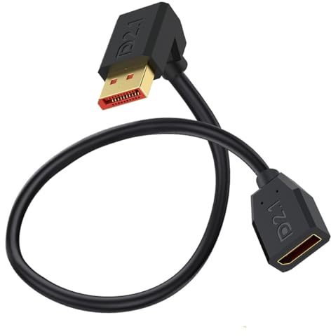 HTGuoji 16K DisplayPort 2.1 Extension Cable, 90 Degree Right Angle DP Male to Female Cable 52Gbps Support 16K@30Hz,8K@120Hz,4K@240Hz/165Hz HDR, HDCP for Gaming Monitor, TV, Graphics(50cm) (Down)