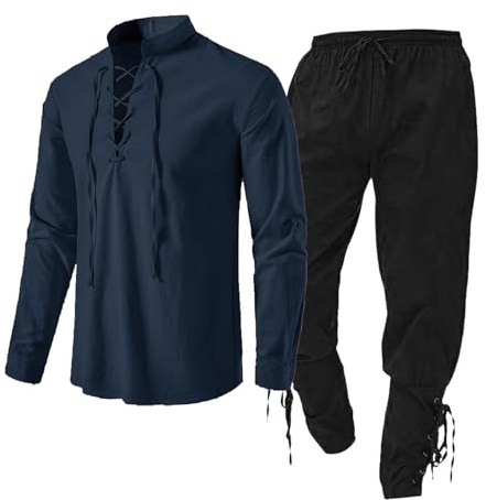 Uwdiohq Ensemble de Déguisement Médiéval pour Homme, Tenue Festival Homme, Chemise Medieval Lin Hommes à Manches Longues avec Pantalon Rétro en Lin pour Médiéval