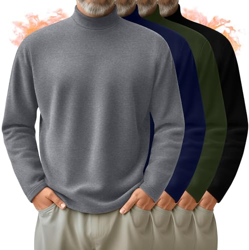 Velvelhall 4 Pack Men's Mock Turtleneck Shirts, Long Sleeves Thermal Pullover Sweater Casual Undershirt Loose Fit Tops(Black, Army Green, Navy Blue, Light Gray,X-Large)