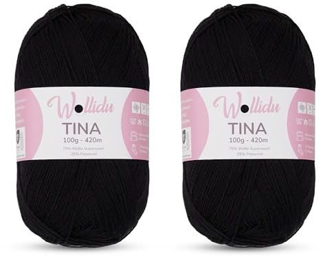 Wollidu Tina 4-Ply Sock Yarn Set of 2 - 75% Wool 25% Polyamide - 100g/420m - Needle Size 2-3mm - Plain Sock Wool - Colour Black