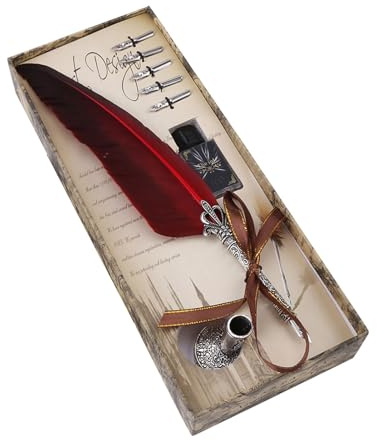 stylo plume calligraphie + Feather Dip Pen Calligrafia Inglese Feather Dip Penna d'oca Set di Inchiostri di Cancelleria Presente con 5 pennini (rosso)
