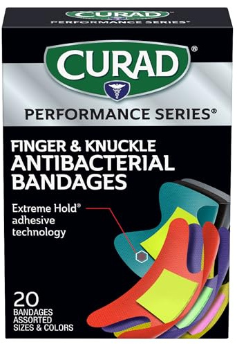 Curad Performance Series Fingertip and Knuckle Antibacterial Bandages, Extreme Hold Adhesive Technology, Fabric Bandages, 20 Count