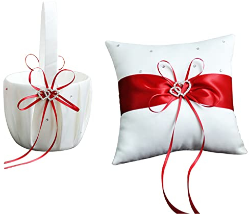 WERTSWF Hochzeitsringkissen und Blumenmädchen-Korb, Strass, weiße Satin-Blütenblätter, Korb-Ringkissen für Antrag, Verlobungszeremonie