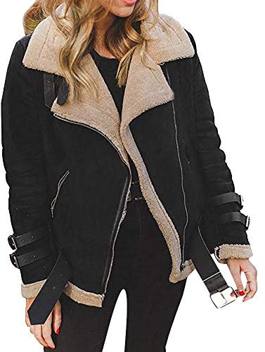 Kanpola plyschjacka för kvinnor, stora storlekar, långärmad fleecejacka, vinterrock, nedfällbar krage, utomhusjacka med dragkedja, fickor, vintage, bikerjacka, vinterjacka, svart, 5XL