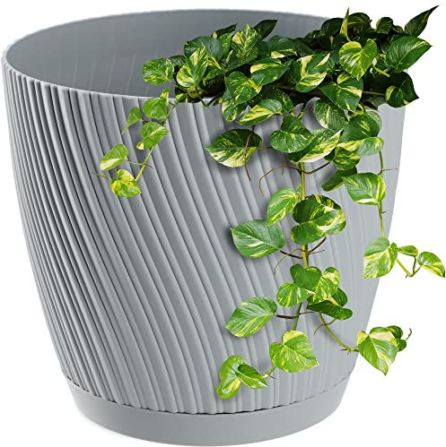 KADAX Pot de fleurs avec soucoupe, pot de plante en forme d'onde tridimensionnelle, bac à plantes en plastique, pot décoratif pour fleurs, cactus et herbes (15 cm, Gris)