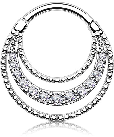 OUFER Septum Rings 16G, Three Rows Paved Shiny Clear CZ Septum Jewelry, 316L Stainless Steel Septum Piercing Jewelry, Helix Cartilage Conch Daith Piercing Jewelry For Women And Men-WG