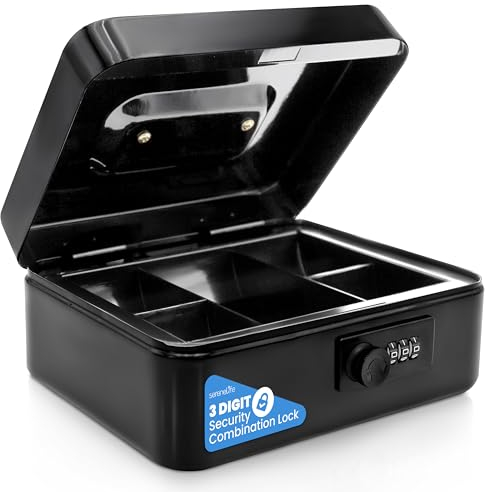 Serenelife 8 Metal Cash Box with Lock | Cash Safe Lock Box with Money Tray | 5 Lockable Drawers | Five Compartment Cash Tray | Storage for Valuables | 8” x 6.2” x 3.5” IN | Black