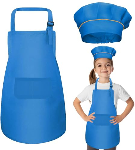 LATRAT Bambini Grembiule e Cappello da Cuoco, Bambino Regolabile da Chef con Tasche Per Pittura Cucinare e Artigianato e Agricoltura, Blu