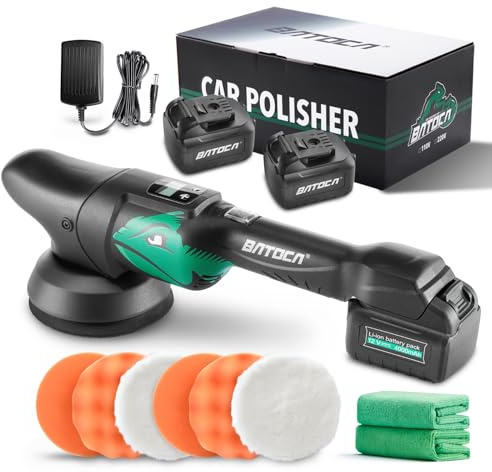 BATOCA S2 Cordless Random Orbital Polisher Buffer, 2Pcs 4.0Ah Batteries, LCD Display with 6 Variable Speed 2000- 4500 RPM Wireless Car Polishing Kit for Car Detailing, Polishing, Waxing, Cleaning