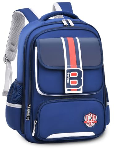 IvyH Cartable Garcon Primaire Ergonomique, 20 Litres Sac a Dos Ecole Garcon pour Enfants 8 à 12 ans, Imperméable Sacs d'école Garçon Primaire, Bleu Marine Rouge