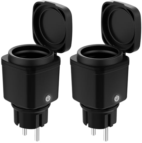 Enchufes WiFi de 2 piezas, enchufe temporizador inteligente para exteriores, monitorización del consumo de energía, compatible con Alexa y Google Home, aplicaciones y control por voz, 2.4GHzWiFi, IP44
