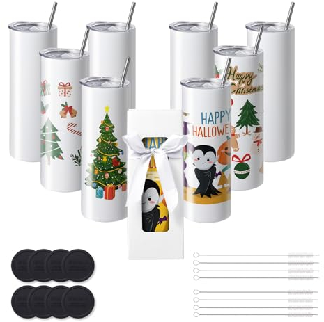 VEVOR 8 Pack Straight Sublimation Tumblers, 20 oz Blank Tumbler Bulk, Stainless Steel Double Wall Tumbler Cups with Straw, Lid, Brush, Base, Shrink Wrap, Gift Box, for Heat Press and Heat Transfer