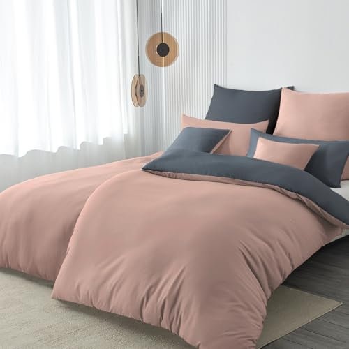 Nesture Bettwäsche 135x200 4teilig Rosa/Anthrazit Bettwäsche Sets Microfaser Wendebettwäsche 135 x 200 4tlg, weich & bügelfrei Bettbezug 2er + Kissenbezug 2er 80x80cm mit Reißverschluss