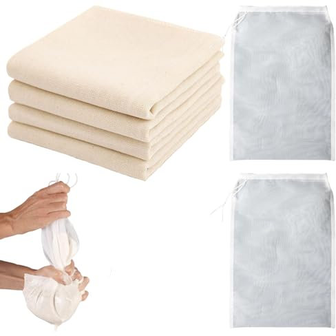 Set di 6 panni passanti, 4 panni in cotone, lavabili e 2 sacchetti per latte di noci, panno filtrante riutilizzabile per setacciare succhi di frutta, formaggio, tè, noci, zuppa, yogurt, tofu burro