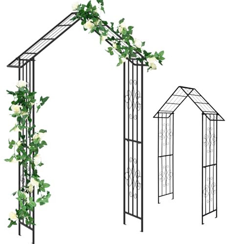 TANGZON 222CM Metal Garden Arch, Heavy Duty Pergola Arbor Trellis with Stylish Roof-shaped Top & 4 Ground Stakes, Outdoor Plants Roses Vines Climbing Plants Support Archway for Wedding Party Lawn Walk