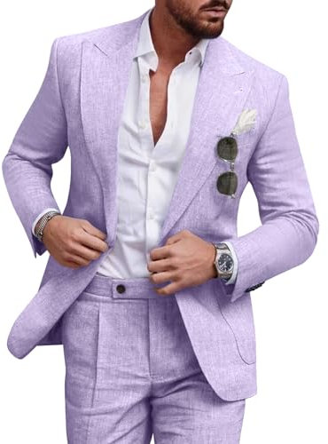 Diaryan Leinenanzug-Set für Herren, lässiger Smoking, 2-teilig, Normale Passform, Blazer, EIN-Knopf-Jacke und Hose, für Abschlussball, Hochzeit, Party, Flieder, S