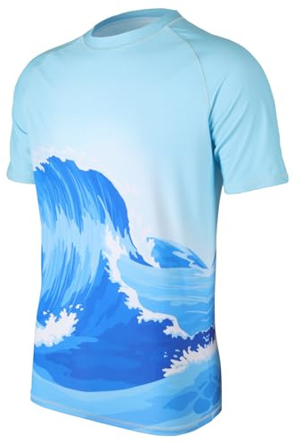 SLIMBELLE Rashguards UPF 50+ Maglietta a Compressione Rash Guard a Maniche Corte ad Asciugatura Rapida UV Shirt per Surf Pesca Escursionismo (IT, Testo, XXL, Regular, Regular, Ondas)