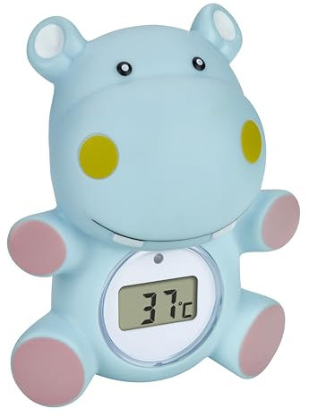 TFA Dostmann Thermomètre de bain numérique pour bébés, 30.2034.14, HIPPO, pour enfants/seniors, contrôle de la température de l'eau, pour piscines/spas, en forme d'hippopotame, mignon, bleu