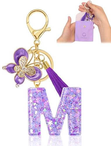 Porte-clés pour Fille Lettre, Porte-clés pour Femme avec Lettre Initiale, Alphabet Pendentif Initiale en Résine, Keyring avec Pendentif Amour et Pampille, Cadeau pour Femme (M, Purple)
