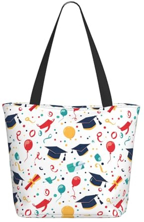 Graduation Cap Balloon Print Tote Bag for Women, Large Shoulder Tote Bag with Zipper, Handbags for Work Travel