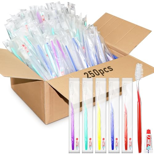 Lot de 250 Brosses à Dents Jetables avec Dentifrice, Kit Brosse à Dents Manuelle Individuellement Emballée avec Dentifrice, Kit pour Voyage, Hôtel, Invités, Dons, Sans-abri, 5 Couleurs