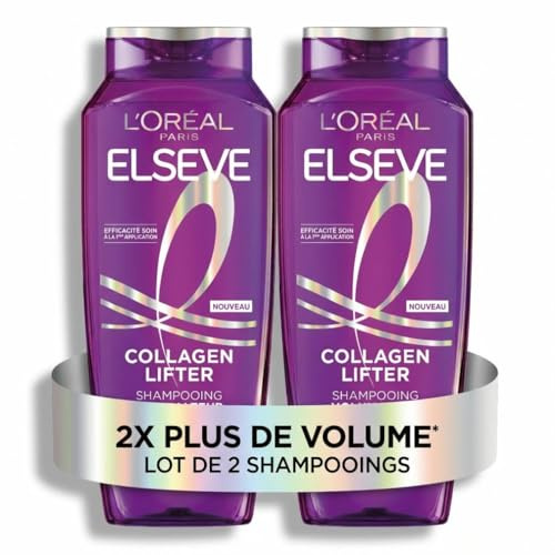 L'Oréal Paris - Shampooing Volumateur - Cheveux Fins & Plats - 2x Plus de Volume 72H - Enrichi en Peptides de Collagène - Sans Silicones - Elseve Collagen Lifter - 2 x 250 ml