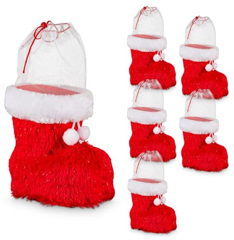 Idena 90393 - Nikolausstiefel ca. 14 x 8 x 13,5 cm, 6 Stück Weihnachtsstiefel mit Filzbezug und Fellbesatz, als Weihnachtsdekoration oder Geschenkverpackung, Rot